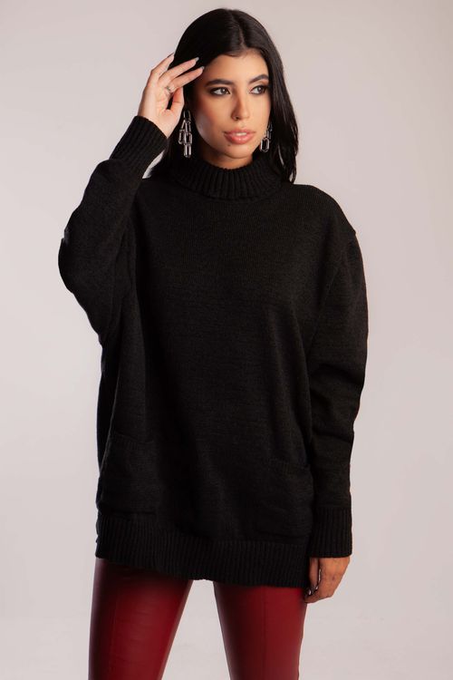 Blusa Ampla Bolsos Gola Alta